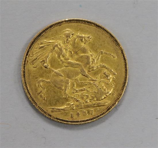 An 1887 Victorian gold full sovereign.